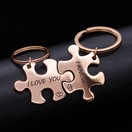 Uloveido and Boys Rose Gold Plated Stainless Steel I Love You More His Crazy Her Weirdo Couple Matching Puzzle Keychain for Boyfriend and Girlfriend SN141 (I LOVE YOU-I KNOW)