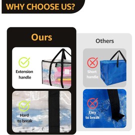 iDopick 4 Pack Moving Bags Heavy Duty Extra Large, Alternative for Moving Boxes & Moving Supplies,Clear Storage Bins with Lids,Storage Bags with Black Handles & Zippers (72L/68.6 * 29 * 38cm)