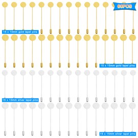 60Pcs Flat Round Tray Lapel Pin, 2 Sizes Stainless Steel Safety Stick Pins Round Blank Tray Brooch Pins Needle Suit Tie Hat Pin Scarf Badge for DIY Costume Jewelry Making Accessories(Gold,Silver)