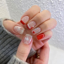 Christmas Press on Nails Short Square Fake Nails with Red Glitter French Tip Bow Designs Xmas Bow Santa Hat False Nails Press ons Xmas Glossy False Nials for Women 24 Pcs