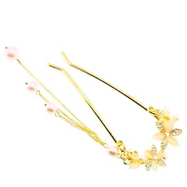 [ミャオミャオ] かんざし 簪 u字型 髪飾り 和装 留袖 着物 浴衣 金属 アンティーク フラワー花 パールチャーム付 キュービックジルコニア ゴールド ヘアアクセサリー Miaomyao
