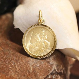 CLEVER SCHMUCK Set of Golden Christopher Pendant Round Diameter 16 mm with Edge Diamond-Coated Back Gott schütze Dich 333 Gold 8 Carat with Gold-Plated Curb Chain 45 cm, Gold, Gold