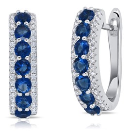 MAX + STONE 925 Sterling Silver Gemstone Round Hoop Earrings for Women 0.75 inches in Simulated Blue Sapphire with Click Tops