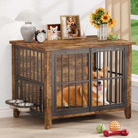 YaFiti Dog Crate Furniture, 31.5" Wooden Dog Kennel Indoor with 360° Rotating & Adjustable Height Feeder 2 Bowls, Heavy Duty Side End Table Dog Cage for Medium Small Dogs, Rustic Brown
