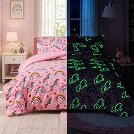 Kautudrum Glow in The Dark Kids Comforter Set, 5 Piece Twin Size Bed in a Bag for Girls, Soft Pink Unicorn Bedding Set with Sheets Pillow Sham, Complete Bedroom Decor