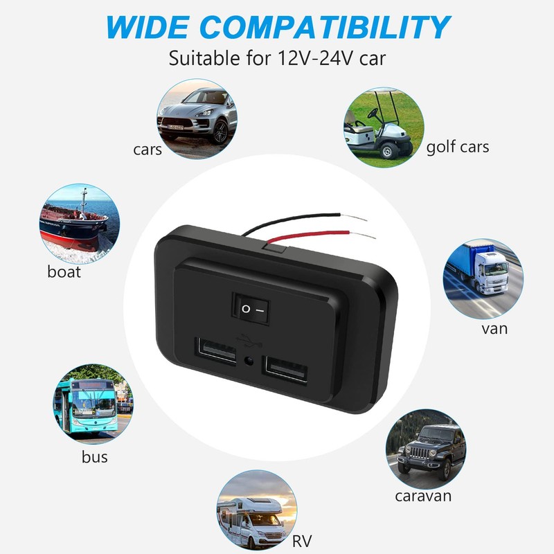 4.8 A Dual USB Car Charger Socket with Switch and