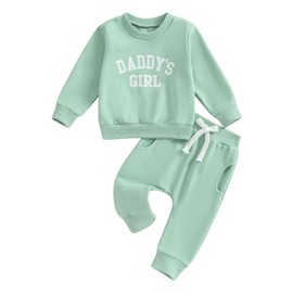 2Pcs Baby Girls Fall Winter Clothes Daddy Girl Shirt Crewneck Sweatshirt Tops and Solid Pants Outfits Clothing Sets (Light Green Daddy's Girl, 2-3 Years)