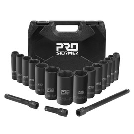1/2" Drive Impact Socket Set, Prostormer 17-Piece 3/8" to 1-1/4" SAE Standard Deep Socket Kit with 3", 5", 10" Extension Bars and Storage Case, 6-Point Cr-V Steel Socket Set