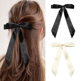 ZOUIQSS 2PCS Satin Hair Bow Clips, Hair Ribbon Ponytail Holder with Long Tail Tassel, Metal Clips Hair Barrettes with Bow for Women Girls(Black+Beige)