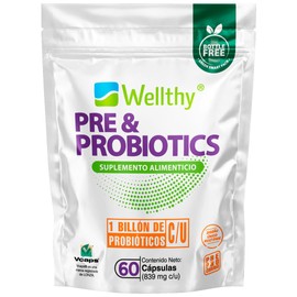 Wellthy Billones de Pre&Probióticos 60 Cápsulas en DuoCap Técnologia de Bélgica que entrega Prebióticos y Probióticos en diferentes momentos del proceso para su mejor absorción. Solo 1 Cápsula al día. Bottle Free.