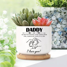 DecStic Daddy I Love You Planter Ceramic Bible Verse Round Flower Pot with Drainage Holes and Bamboo Tray Pot for Home Office Desk Garden