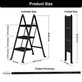 Ainai 3 Step Ladder, Aluminum Ultra Thin 3 Step Folding Stool, 400 Lbs Capacity Step Ladder with Anti-Slip Sturdy and Wide Pedal, Space Saving Closet Step Stool for Home, Kitchen and Office,Black