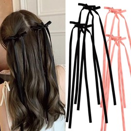 Bow Hair Clips for Women Girls Black Velvet Hair Bows Barrettes with Long Tail Pink Tassel Hair Ribbon for Teen Girl Bowknot Hair Clip Pin Fashion Ponytail Holder Accessories for Women Girls 4Pcs