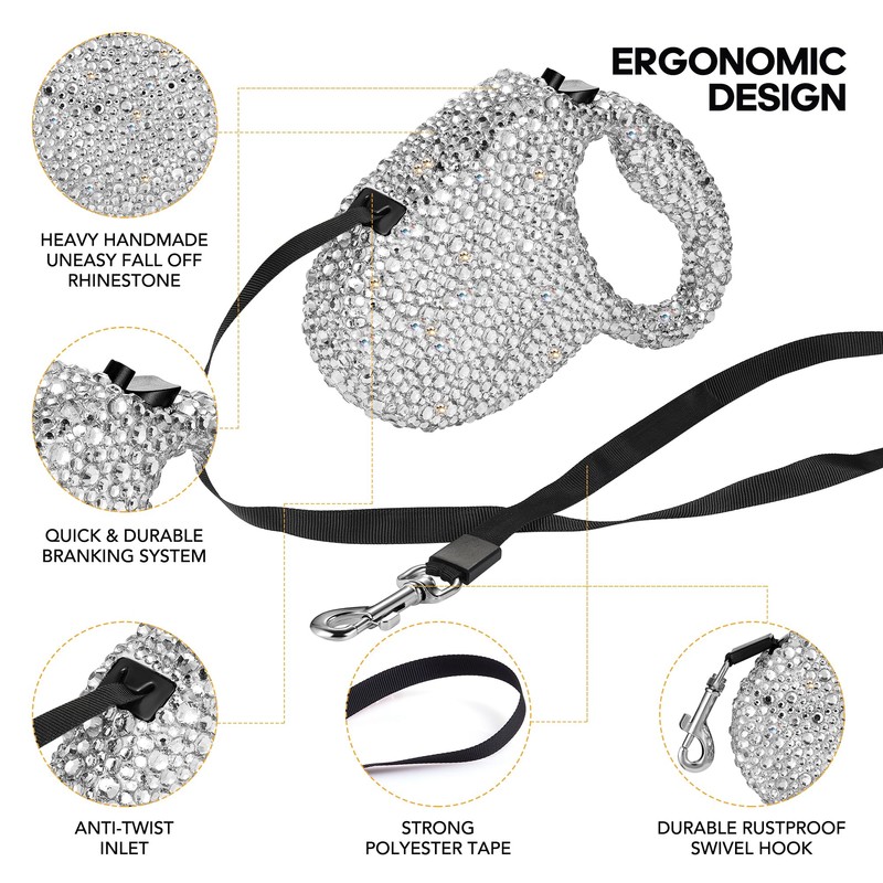 Sparkling Retractable Dog Leash,Rhinestone Pet Walking Leash for Small Dog