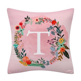 Fullfun Alphabet Letter Cushion Covers, Pink Double Sided Flower and Letter Printed Throw Pillow Covers Soft Polyester Decorative Pillow Cases for Sofa Couch Bedroom Home Decor (1PC, 45cm x 45cm)