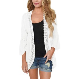 Women All-Match Casual Coat Blouse Top Solid Lace Crochet Chiffon Loose Kimono Cardigan Coat White Size S