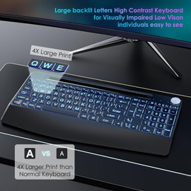 Sksyloo 2.4G Wireless Large Print Keyboard with 7 Colored Backlits,Rechargeable,with Phone Holder &Wrist Rest, Lighted up Full Size Keyboard for Mac Windows Laptop PC, Black