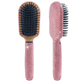 Framendino, 1 Pack Rhinestone Hair Brush Bling Crystal Compact Comb Detangle Air Cushion for Women Wet Dry All Pink