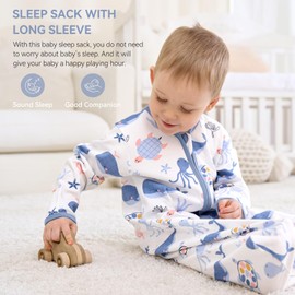 FIEMOL Baby Sleep Sack 18-24 Months, Long Sleeve Baby Sleeping Bag 0.5 Tog with Mittens, Toddler Cotton Wearable Blanket Blue Sea 2 Pack(XLarge)