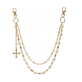 New Layered Pants Chain for Men - Punk Rhinestone Wallet Chains for Men, Jean Chains with Double Lobster Clasps, Unisex Trouser Keychain Accessory (Cross-flower)