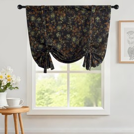 StangH Black Floral Curtains for Kitchen Window, Vintage Decorative Velvet Tie Up Drape Rod Pocket Adjustable Light Blocking Tier Curtain for Living Room, W34 x L45, 1 Panel