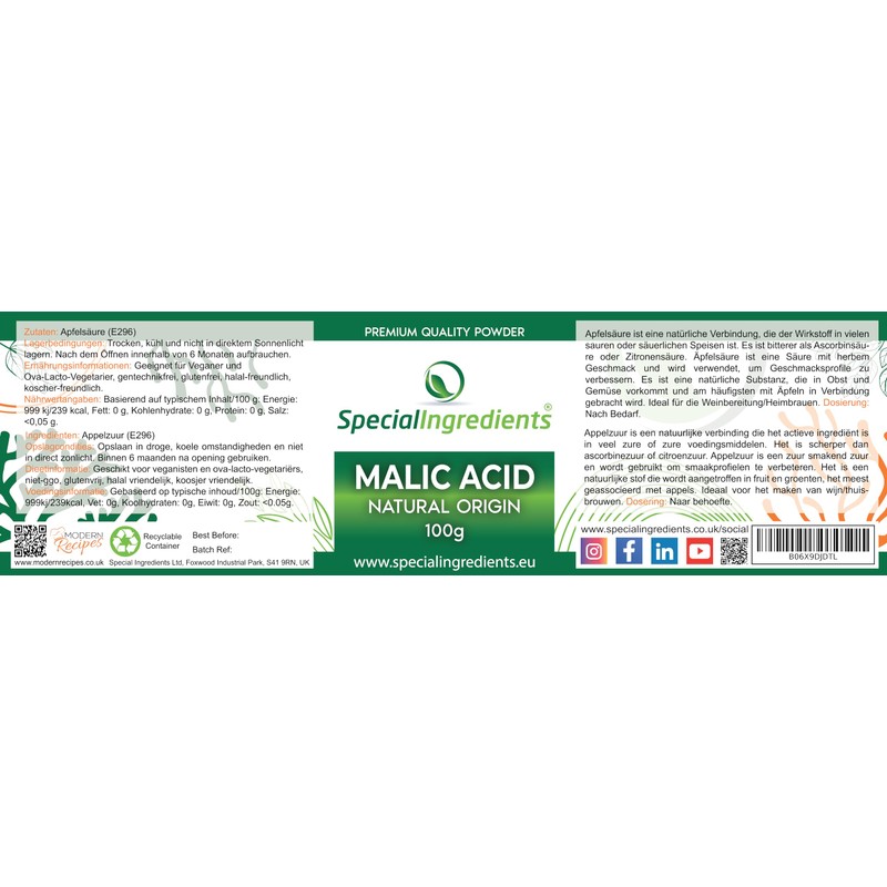 Special Ingredients Malic Acid Powder 100g Premium Quality - Vegan,
