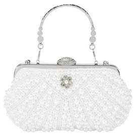 DTGN Evening Bags Clutch Purses for Women Formal, Bridal Purses Pearl Handbags Shoulder Bag with Chain for Women Formal Wedding Club Party Beige