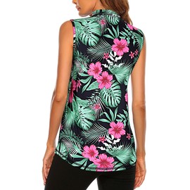 Koscacy Women's Sleeveless Golf Tennis Polo Shirts Zip Up Dry Fit Workout Tank Tops Tropical Print Small