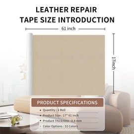 Leather Repair Patch Tape, Light Beige 17 x 61 Inches Self Adhesive Leather Repair Kit for Furniture, Car Seat,Vinyl Leather Repair Kit for Office Chairs, Bags, Luggage
