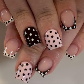 24Pcs Black White Polka Dots Press on Nails Short Square Nails French Tips Nail Press ons Pink Nude Full Cover Glue on Nail Glossy Reusable Acrylic False Nails Summer Stick on Nail for Women Manicure