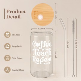 SANDJEST Teacher Glass Bottle, Coffee Teach Repeat Glass Cup, Coffee Aesthetic Glass Can, Gift for Christmas Thanksgiving Birthday Teacher Appreciation, Gifts for Women, 16oz