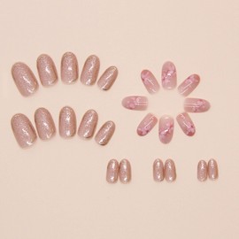 Spring Press on Nails Short Oval Fake Nails with Pink Flower Designs Nude Nails Press ons Glossy Glue on Nails Glitter False Nails Cute Acrylic Nails Artificial Stick on Nails for Women 24Pcs