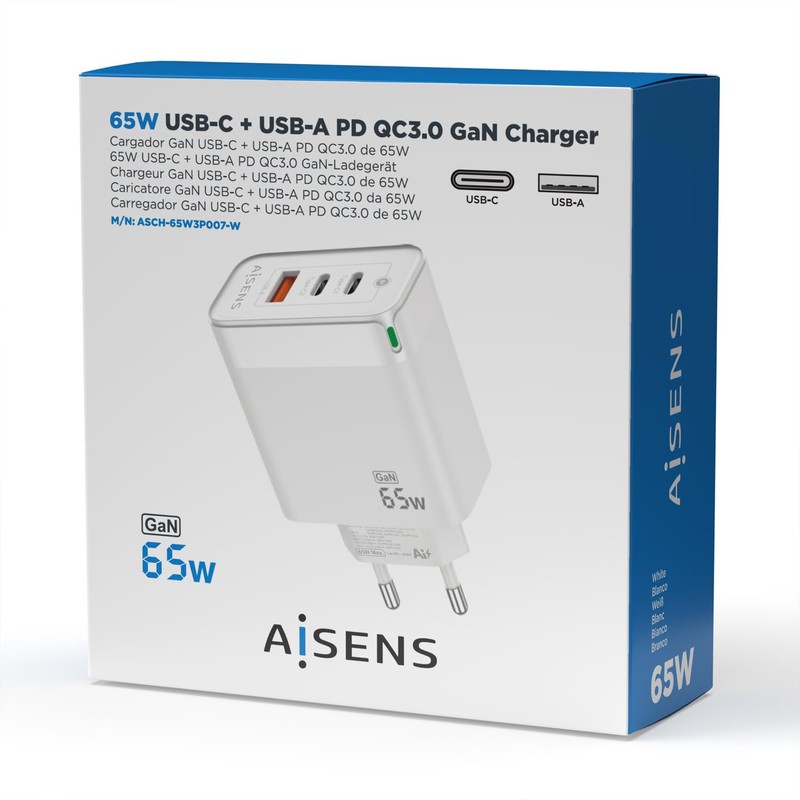 AISENS - ASCH-65W3P007-W - Charger GAN 65W, 2XUSB-C PD3.0 QC4.0,