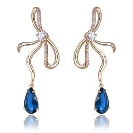 TIMEMATRIX Bow Tie Earring for Women, 18K Gold Plated Brass with Sapphire Blue Cubic Zirconia Pendent