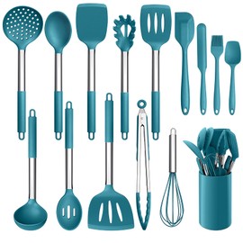 LIANYU 15-Piece Kitchen Cooking Utensils Set with Holder, Silicone Kitchen Tools Stainless Steel Handle, Slotted Spatula Spoon Turner Tong Whisk Brush for Cooking, Dark Blue