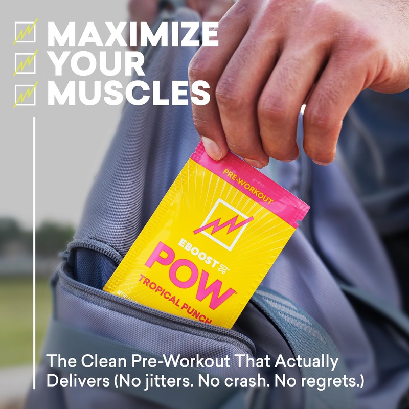 EBOOST POW Natural Pre Workout Powder - 15 Packets, Tropical