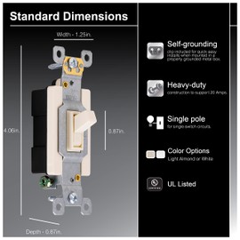 GE Almond, GE Ultra Pro Heavy-Duty, Single Pole, Wall, Light, Fan, One Switch Circuits, Self-grounding Clip, Easy to Install, 20A/120V AC, UL Listed, 42479