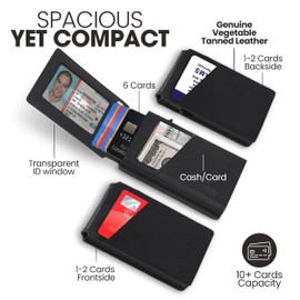 Wallet for Men - Genuine Leather RFID Blocking Wallet, Mens Minimalist Wallet, Slim Compact Wallet with ID Window, Smart Pop Up Card Wallet, Metal Aluminum Credit Card Holder Bifold Wallet (Black)