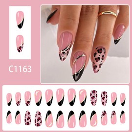 Leopard Press on Nails Medium Almond Fake Nails with Black French Tip Glue on Nails Press ons Glossy Gold Line Acrylic Nail Full Cover Chrome Striped Fall Stick on Nails for Women Manicure 24Pcs