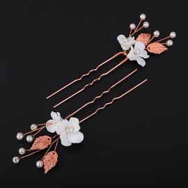 Teyglen 2pcs Flower Bridal Hair Pins Pearl Bride Wedding Hair Pins Clips Bridal Hair Accessories Gold Silver Leaf Hair Piece for Women Girls (Rose Gold)