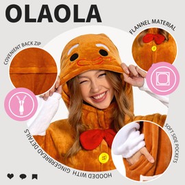 OLAOLA Unisex Adult Christmas Costume, Adult Gingerbread Onesie, Plush Xmas Cosplay Pajamas One-Piece Sleepwear