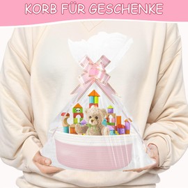 Empty Gift Basket, Storage Basket, Braided Basket for Gifts with Gift Bags and Ribbons, Empty Gift Basket for Birthday, Wedding, Baby Shower, Thanksgiving, Christmas (Pink and White)