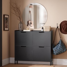 Haotian Black Shoe Cabinet with 4 Flip-Drawers, Narrow Freestanding Shoe Rack, Slim Shoe Organiazer Entryway, FSR100-W, 7.5" D x 39.4" W x 35.6" H