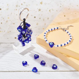 NBEADS Approx. 33 Pieces Heart Evil Eye Beads, 12 mm Glass Evil Eye Charm, Turkish Evil Eye Spacer Beads, Lampwork, Loose Beads with 1.4 mm Hole for DIY Necklaces, Bracelets, Jewellery Making, Medium