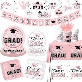 Graduation Decorations 2025 Tableware,189pcs White Pink Graduation Plates and Napkins Cups for Congrats Grad Class Of 2025 Grad Party Supplies,Serves 25(Pink)