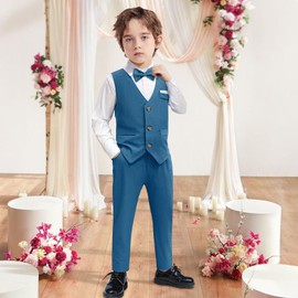 Nwada Boys Suit Ring Bearer Outfit with Formal Dress Shirt, Bow Tie, Slim Vest and Pants, Toddler Boy Dress Clothes Bright Blue