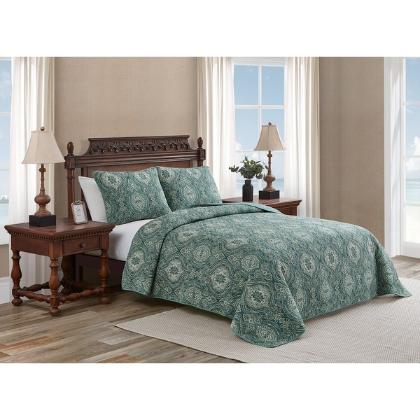 Tommy Bahama Home Quilt Set Reversible Cotton Bedding with Matching Shams, All Season Home Decor, King, Turtle Cove Green