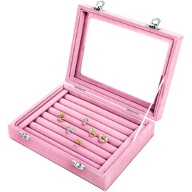 Basuwell Earring Storage 7 Slots Velvet Jewelry Tray for Drawers Glass Clear Lid Showcase Display Ring Organizer Earring Ring Trays Holder Cufflink Showcase (Pink)