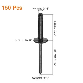 sourcing map 150Pcs 5/32"x3/4" Aluminum Large Head Tri Grip Rivets, Large Flange Tri Grip Rivets for DIY, Sheet Metal, Automotive Repairs, Furniture, Marine Boat (Black)