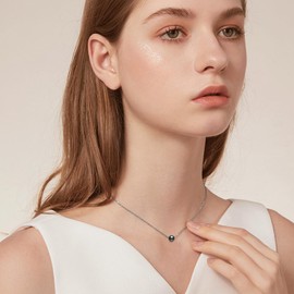 14K Real White Gold Tahitian Black Pearl Necklace, 9-10mm Round Cultured Black Pearl Pendant, Floating Pearl Choker Necklace for Women